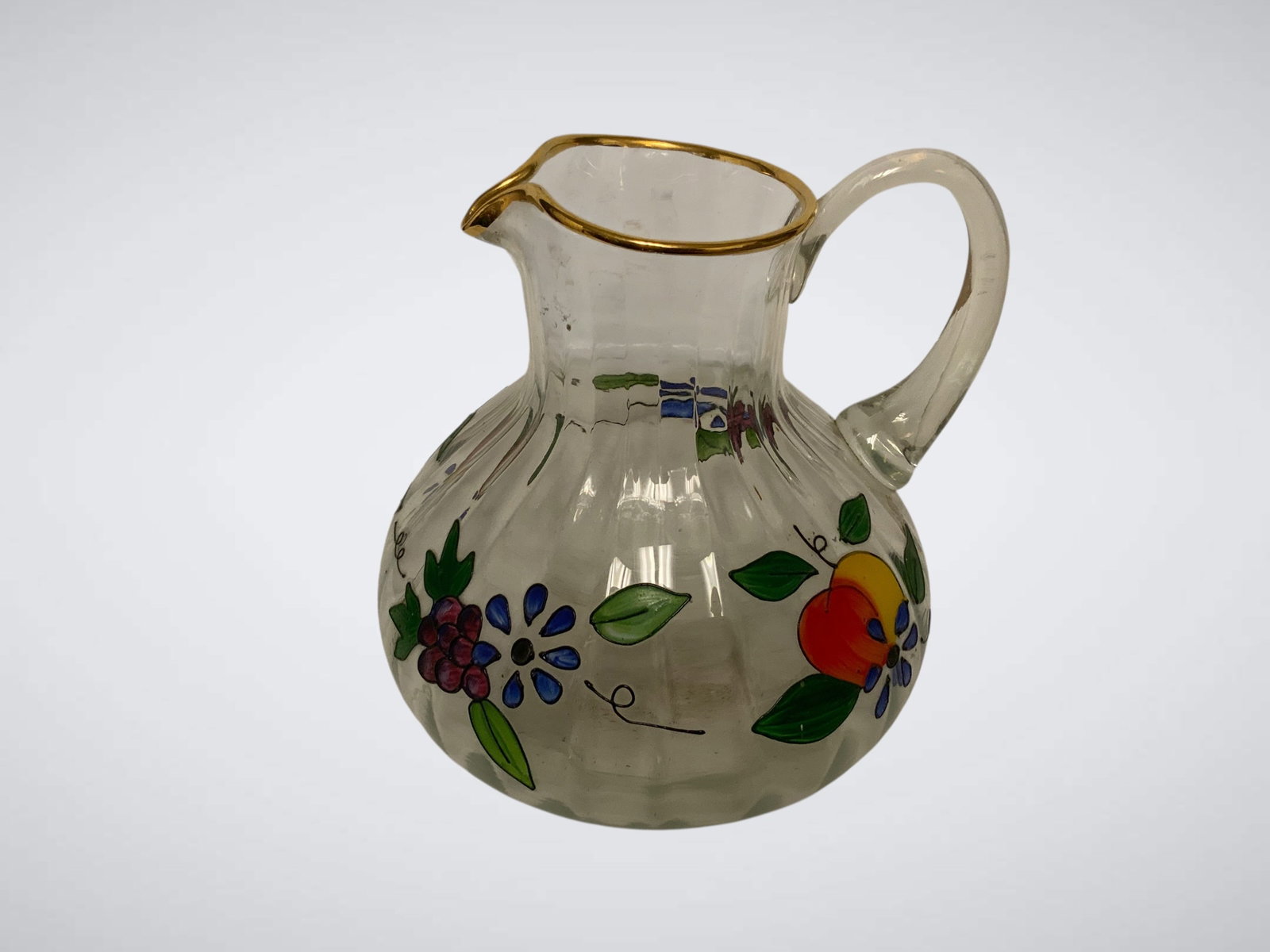 Vintage Fluted Glass Pitcher Gold Rim Fruit And Floral Decor Poss. Romanian Origin (1 of 4)