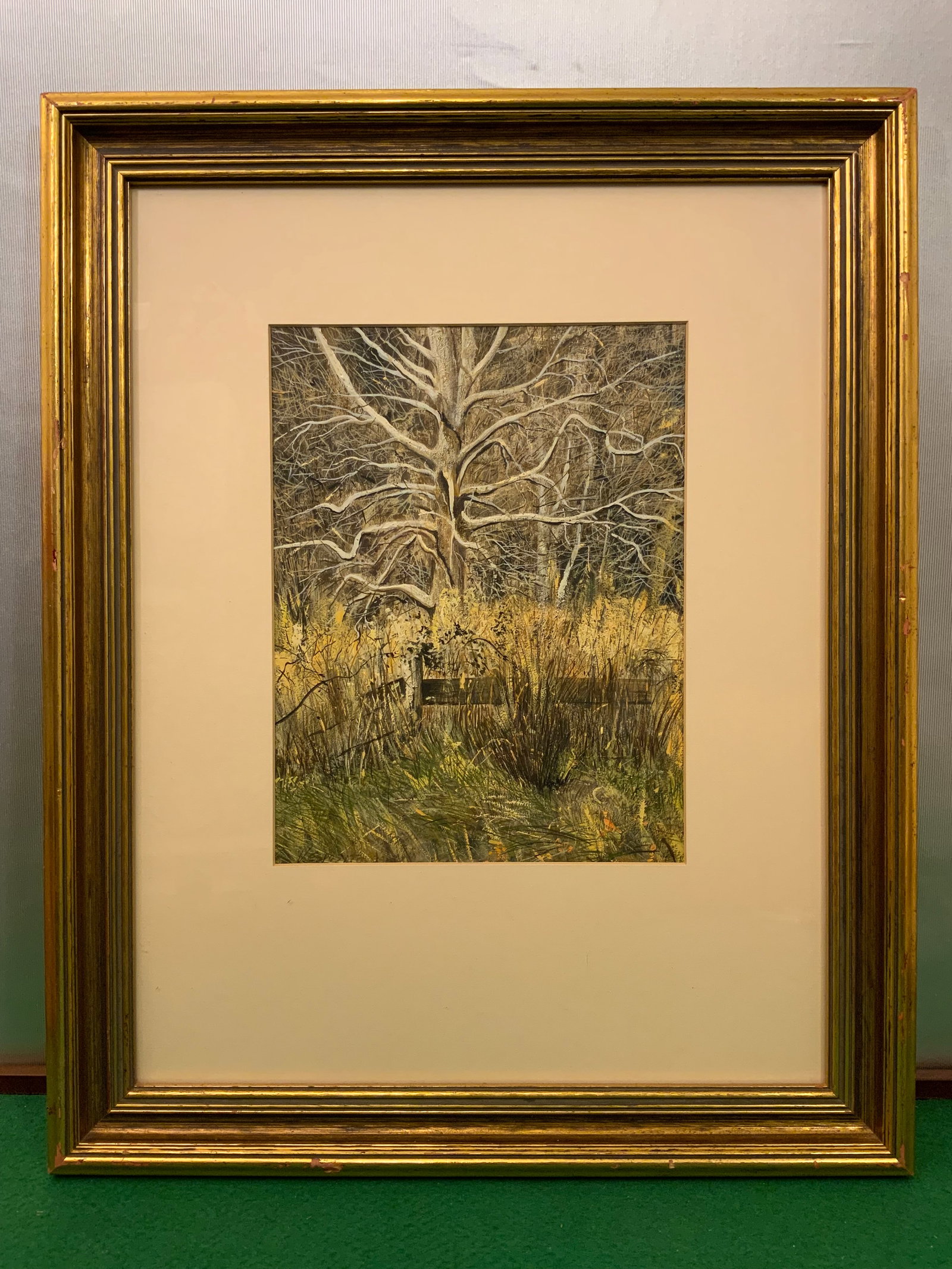 Late-season Realist Landscape Close-up Gold-tone Wooden Frame: Late-season Realist Landscape Close-up Gold-tone Wooden Frame. Signed but illegible. Under glass so uncertain if a print or original. Off-center matted. 16 1/2" x 20 1/2". .>>>>>>>>>>>>>>READ—-READ�