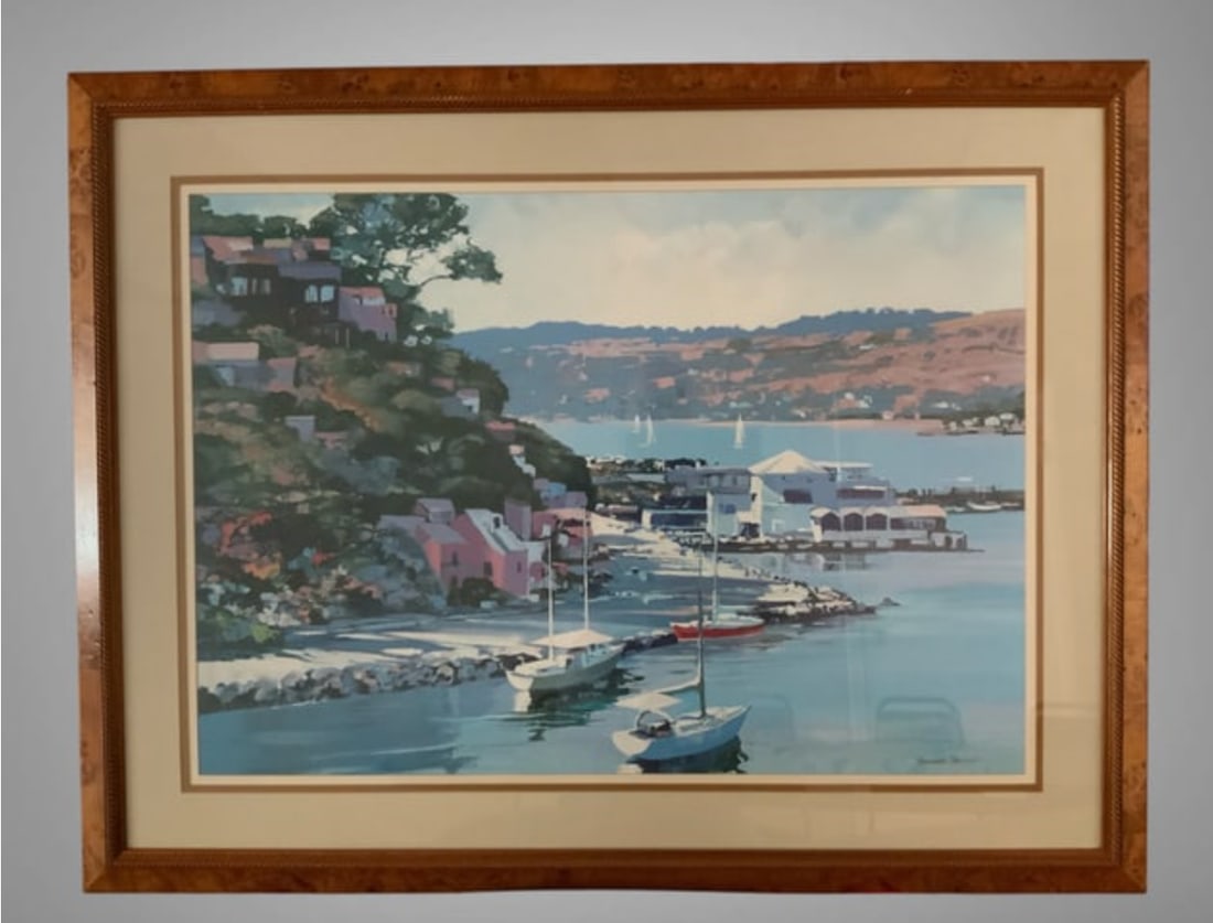 Sausalito Print Howard Behrens Professionally Framed and under Glass: Sausalito Print Howard Behrens Professionally Framed and under Glass. Frame shows some wear on the edges. 33 1/2" x 43 3/4". .>>>>>>>>>>>>>>READ—-READ—-READ—-Shipping for this lot is available O