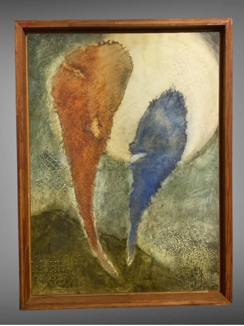 Pat Dennis Abstract HARVEST MOON Mixed Media Cloth and Paint on Board: Pat Dennis Abstract HARVEST MOON Mixed Media Cloth and Paint on Board. Shadow Box Style Wood Frame. Hidden Features within the Art. Provenance attached to the back. 1 3/4" x 22 1/2" x 30 1/4". .>>>>>>