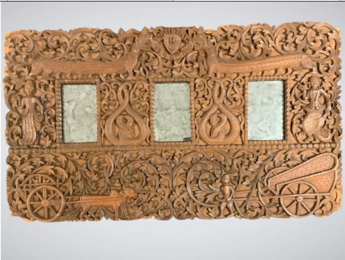 Antique Hand-carved Wooden Panel Framing 3 Small Mirrors Thayetmyo Burma: Antique Hand-carved Wooden Panel Framing 3 Small Mirrors Thayetmyo Burma. Minor wood loss around the edges as shown. 15 1/2" x 26 3/4". .>>>>>>>>>>>>>>READ—-READ—-READ—-Shipping for this lot is 