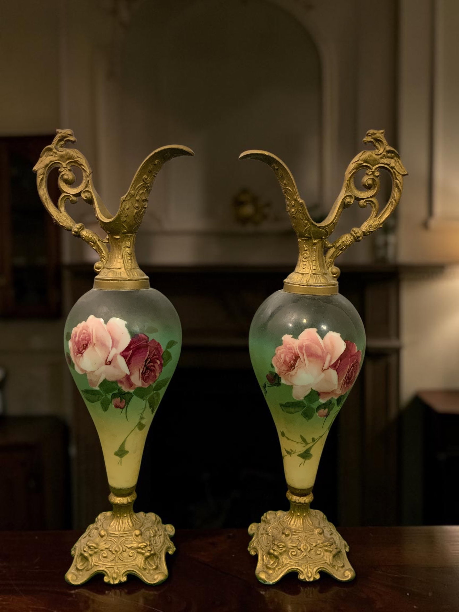 Pair Handpainted Victorian-style Mantel Ewers (1 of 9)