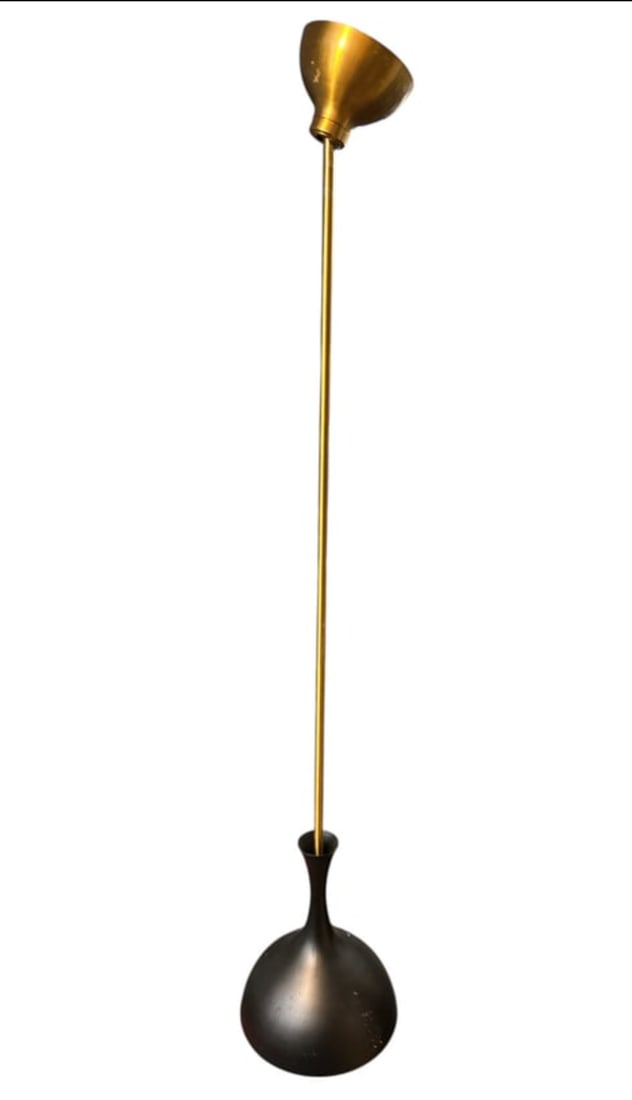 Black Finish Finish Pendant Lamp With Bell Shade: Black Finish Finish Pendant Lamp With Bell Shade. Ball mount accommodates sloped ceiling. 3-section stem. Bulb condition unknown. Approx. 50" installed length. Shipping length is 54". Shade diameter i