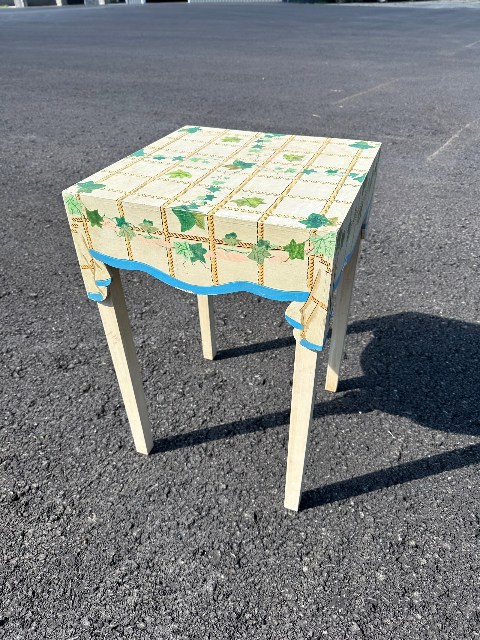 Mckenzie Childs. Handpainted Wooden Accent Table: Mckenzie childs Handpainted Wooden Accent Table. Shows some wear. Sturdy. 16" square and 24 1/2"tall. Disassembles to 20" x 20" x 8" for shipping. .>>>>>>>>>>>>>>READ—-READ—-READ—-Shipping for t