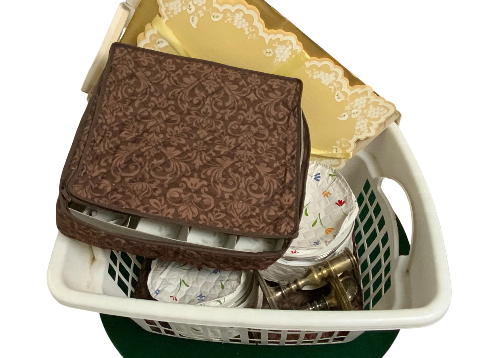 Box: China Assorted manufacturers and patterns.: Box: China Assorted manufacturers and patterns.. Basket shown measures 10"tall x 23"wide x 17"front-to-back. .>>>>>>>>>>>>>>READ—-READ—-READ—-Shipping for this lot is available ONLY THROUGH LIVE