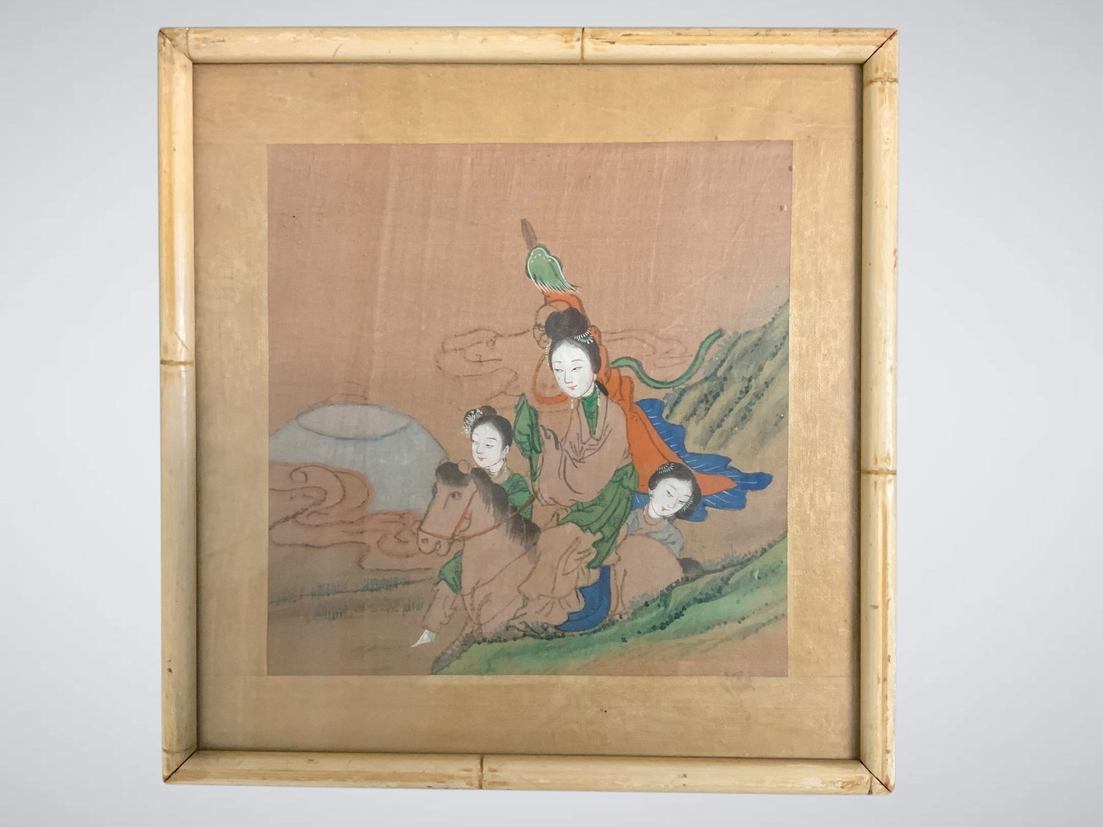Vintage Asian Split Bamboo-Framed Asian Watercolor(?) on Silk: Vintage Asian Split Bamboo-Framed Asian Watercolor(?) on Silk. Under glass so it is uncertain but appears to be watercolor on silk. 10 3/4" x 11 1/4". .>>>>>>>>>>>>>>READ—-READ—-READ—-Shipping f