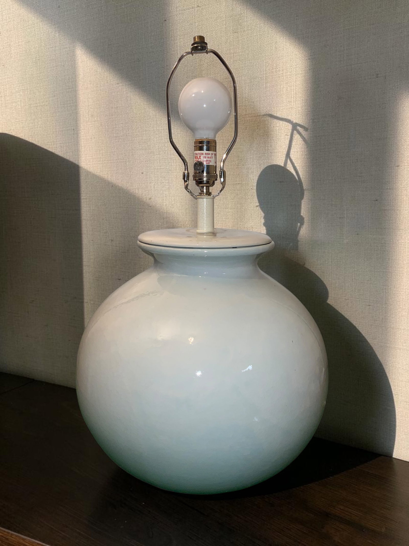 Large Glazed Pottery Globe TABLE LAMP: GET A SHIPPING QUOTE BEFORE YOU BID. .Large Glazed Pottery Globe TABLE LAMP. bulbous base is nicely crazed. 3-way switch. 20"tall to the top of the socket and about 16"diameter. ..>>>>>>>>>>>>>>READ--