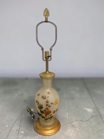 Mid-century Table Lamp with Frosted Glass Body, Brass Hardware and Wooden Base: GET A SHIPPING QUOTE BEFORE YOU BID. .Mid-century Table Lamp with Frosted Glass Body, Brass Hardware and Wooden Base. Handpainted floral and Butterfly decor gives this lamp a decidedly Asian flavor. N
