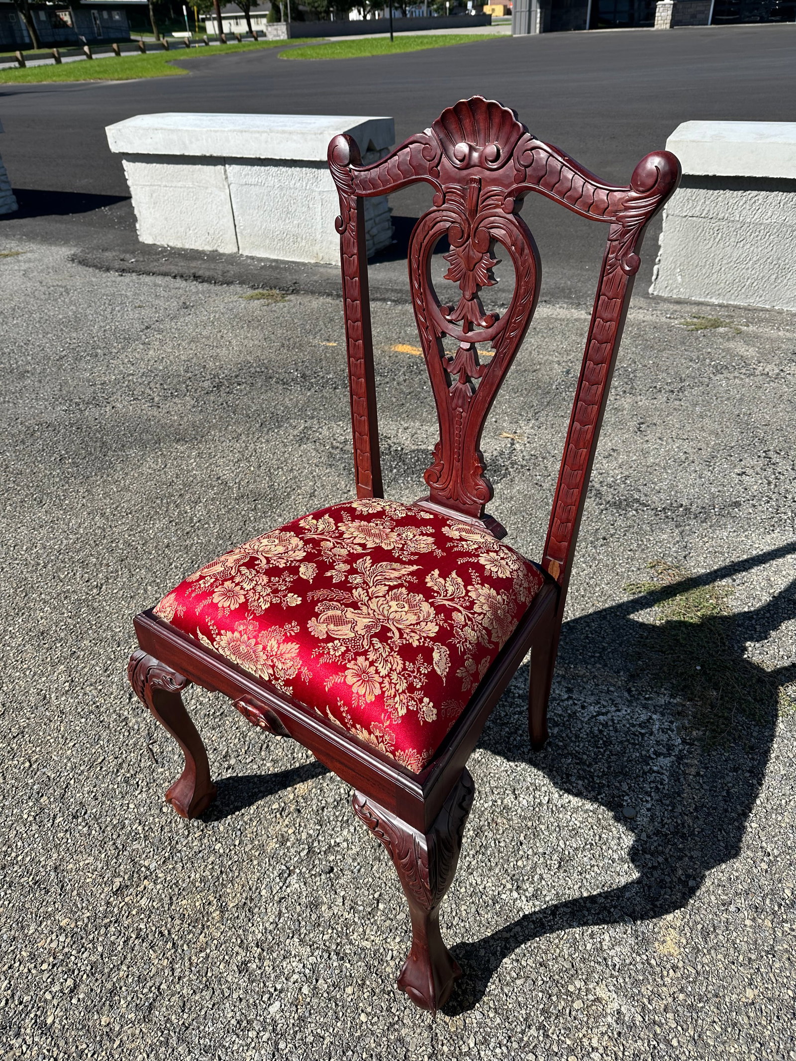 Chippendale-style Upholstered Set SIDE DINING CHAIR: GET A SHIPPING QUOTE BEFORE YOU BID. .Carved and pierced splat back, ball and claw feet, cabriole legs. Small chip of wood missing as shown at the back corner of the seat. 44 3/4"tall x 23"wide x 18"f