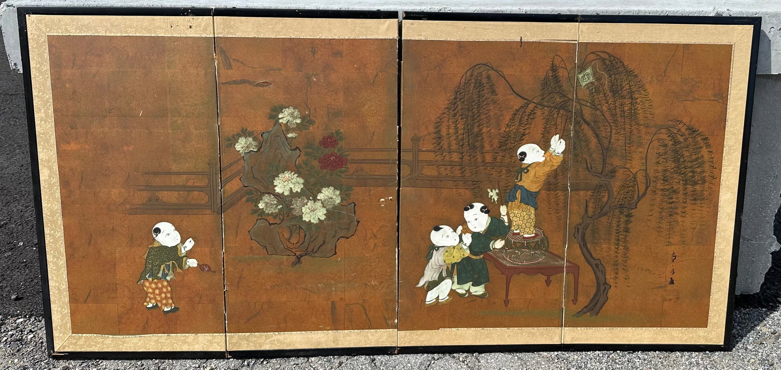 Vintage Folding Asian Panel Children Playing Garden Scene: GET A SHIPPING QUOTE BEFORE YOU BID. . Vintage Folding Asian Panel Children Playing Garden Scene.Detached in the center seam except for the twine on the back. 30”tall x 61”wide when open.