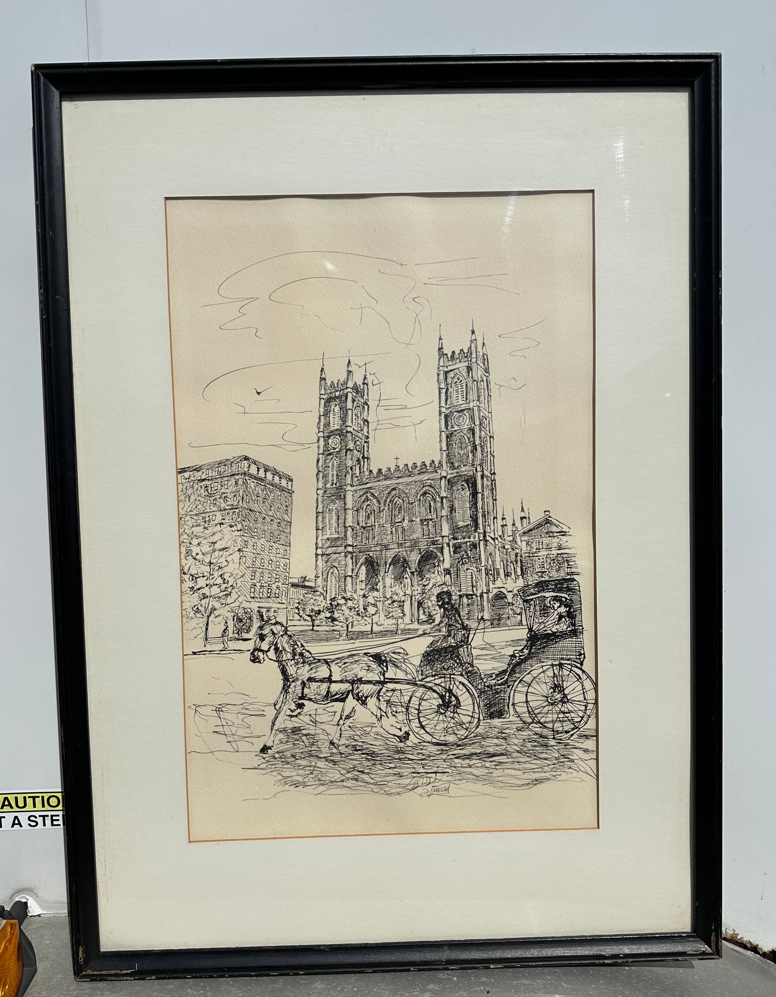 Simard Ink Drawing Print Basilique Notre-Dame / Horse-Drawn Carriage In-plate Signature: GET A SHIPPING QUOTE BEFORE YOU BID. . Simard Ink Drawing Print Basilique Notre-Dame / Horse-Drawn Carriage In-plate Signature. 20” x 27 1/4”.