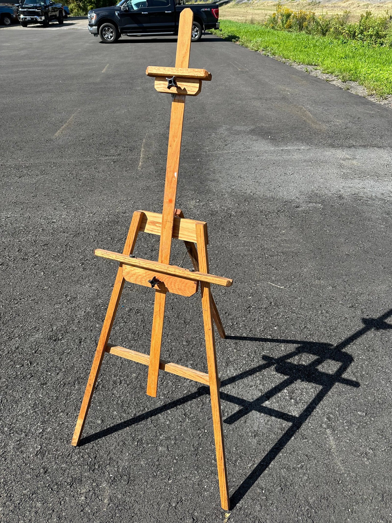 Vintage Adjustable A-frame Wooden Easel: GET A SHIPPING QUOTE BEFORE YOU BID. . Vintage Adjustable A-frame Wooden Easel. Needs an easy repair. 62”tall x 26”wide x 5”thick folded for shipping or storage.”.