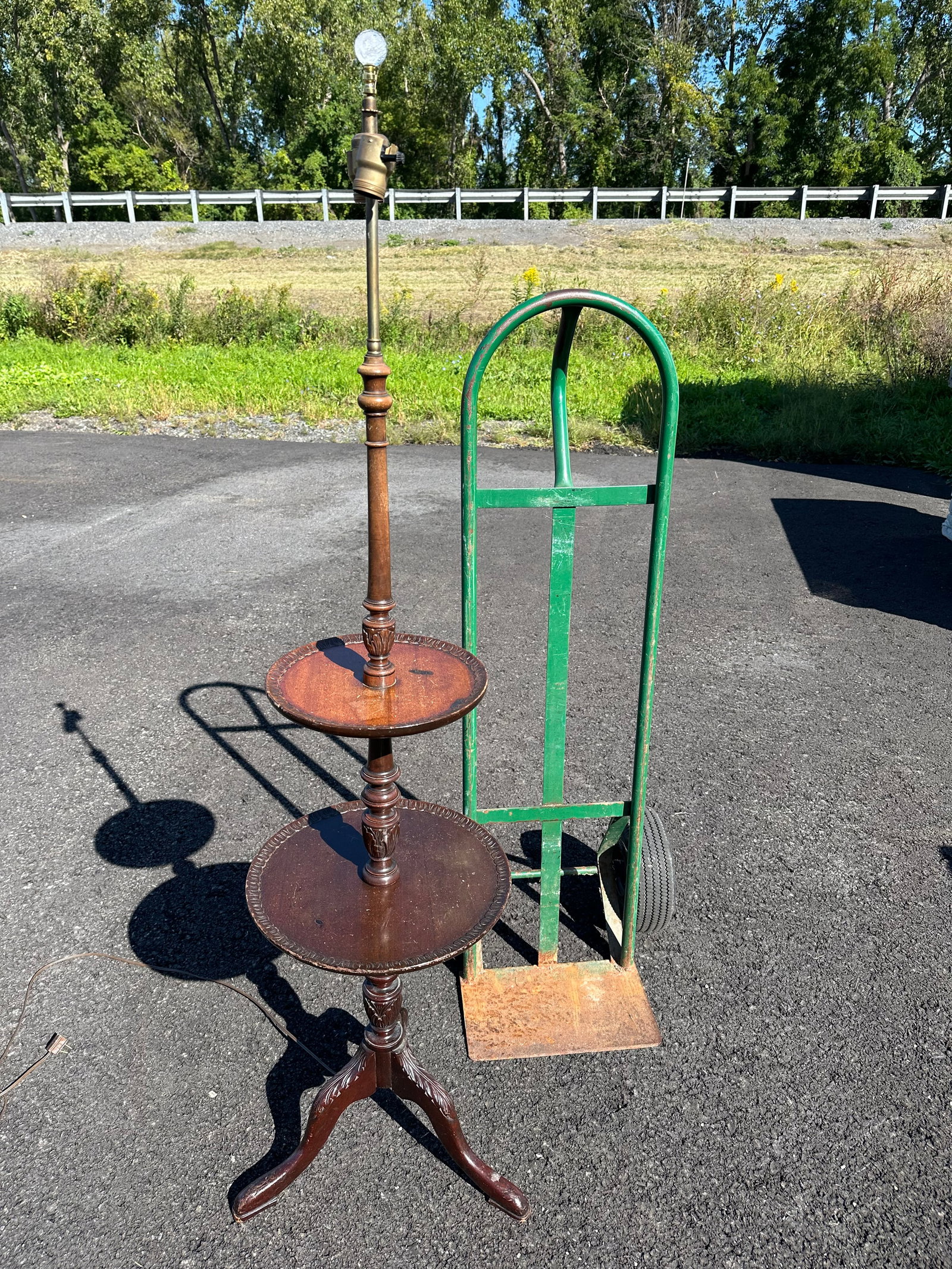 Vintage Wooden Two-tier Dumbwaiter Table Floor Lamp: GET A SHIPPING QUOTE BEFORE YOU BID. . Vintage Wooden Two-tier Dumbwaiter Table Floor Lamp. 61”tall x 15”diameter. .>>>>>>>>>>>>>>READ----READ----READ----Shipping for this lot is available