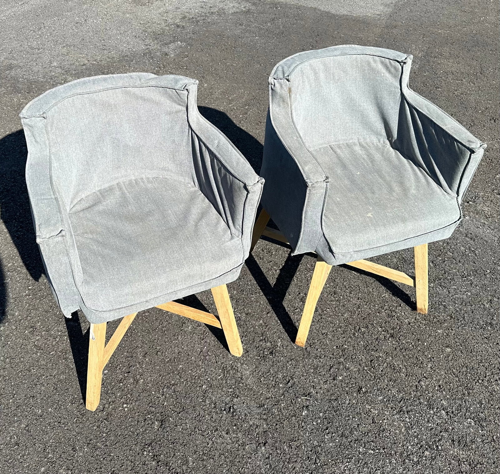 Gray Upholstered Fabric Accent Armchairs: GET A SHIPPING QUOTE BEFORE YOU BID. . Gray Upholstered Fabric Accent Armchairs. No odors. Fabric shows very little wear but does need a bit of cleaning. Sturdy and comfortable chairs. 31”tall x 22 