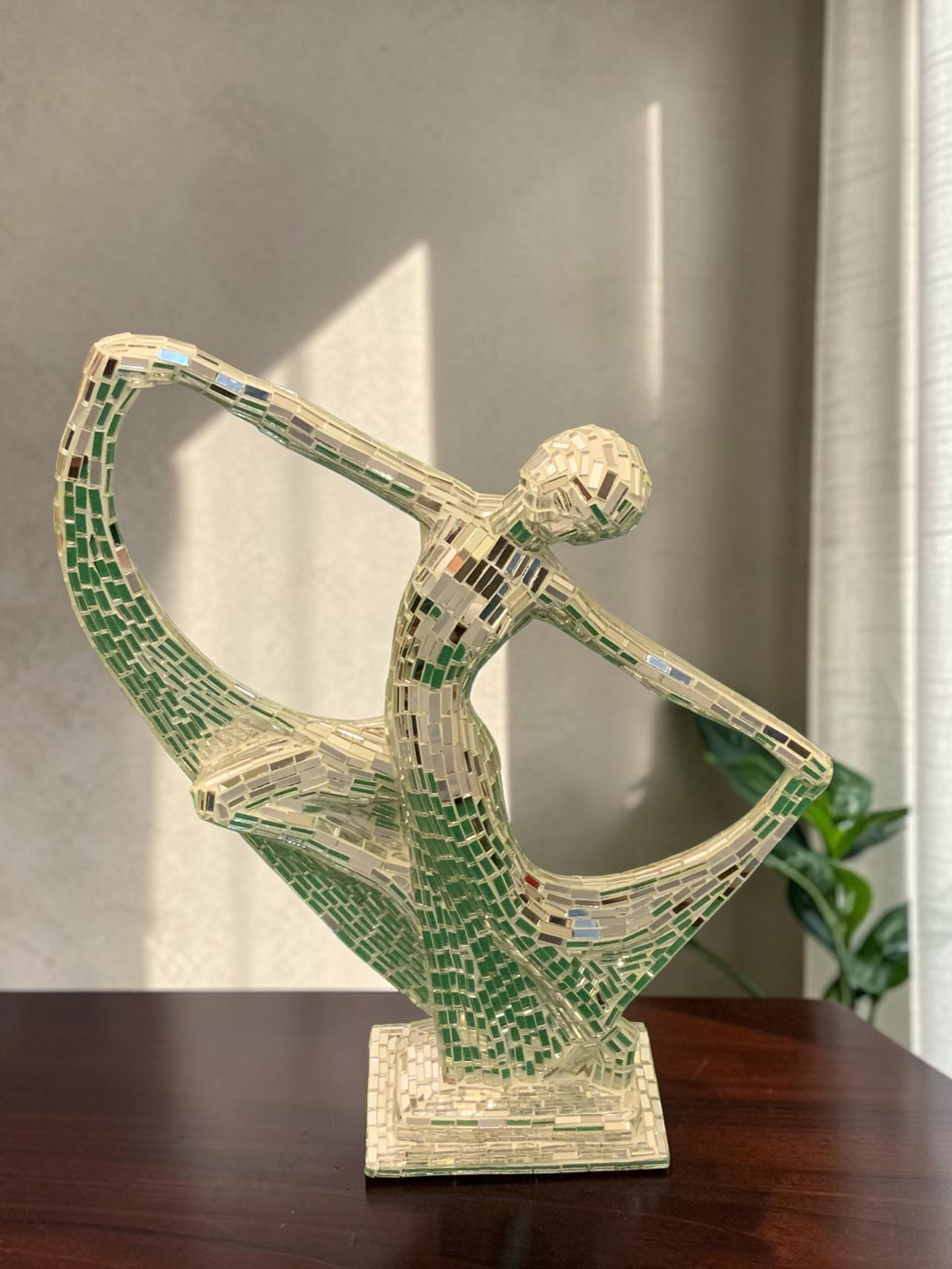 Mosaic Mirror Tile Figurine / Sculpture DANCER in Dynamic Pose: GET A SHIPPING QUOTE BEFORE YOU BID. .Mosaic Mirror Tile Figurine DANCER in Dynamic Pose. No missing tiles. 14"tall x 12"wide x 3 1/2"front-to-back. ..>>>>>>>>>>>>>>READ----READ----READ----Shipping fo