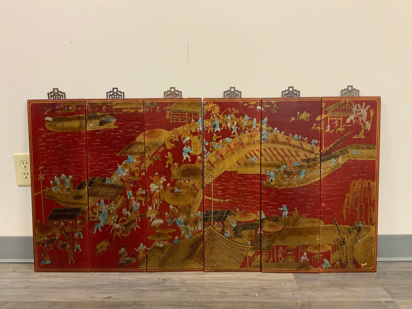 6-panel Red Lacquer Asian Wall Art "Along The River During the Qingming Festival": GET A SHIPPING QUOTE BEFORE YOU BID. .6-panel Red Lacquer Asian Wall Art "Along The River During the Qingming Festival". Each panel: 3/8"thick x 8"wide x 25 1/2"tall. ..>>>>>>>>>>>>>>READ----READ----R
