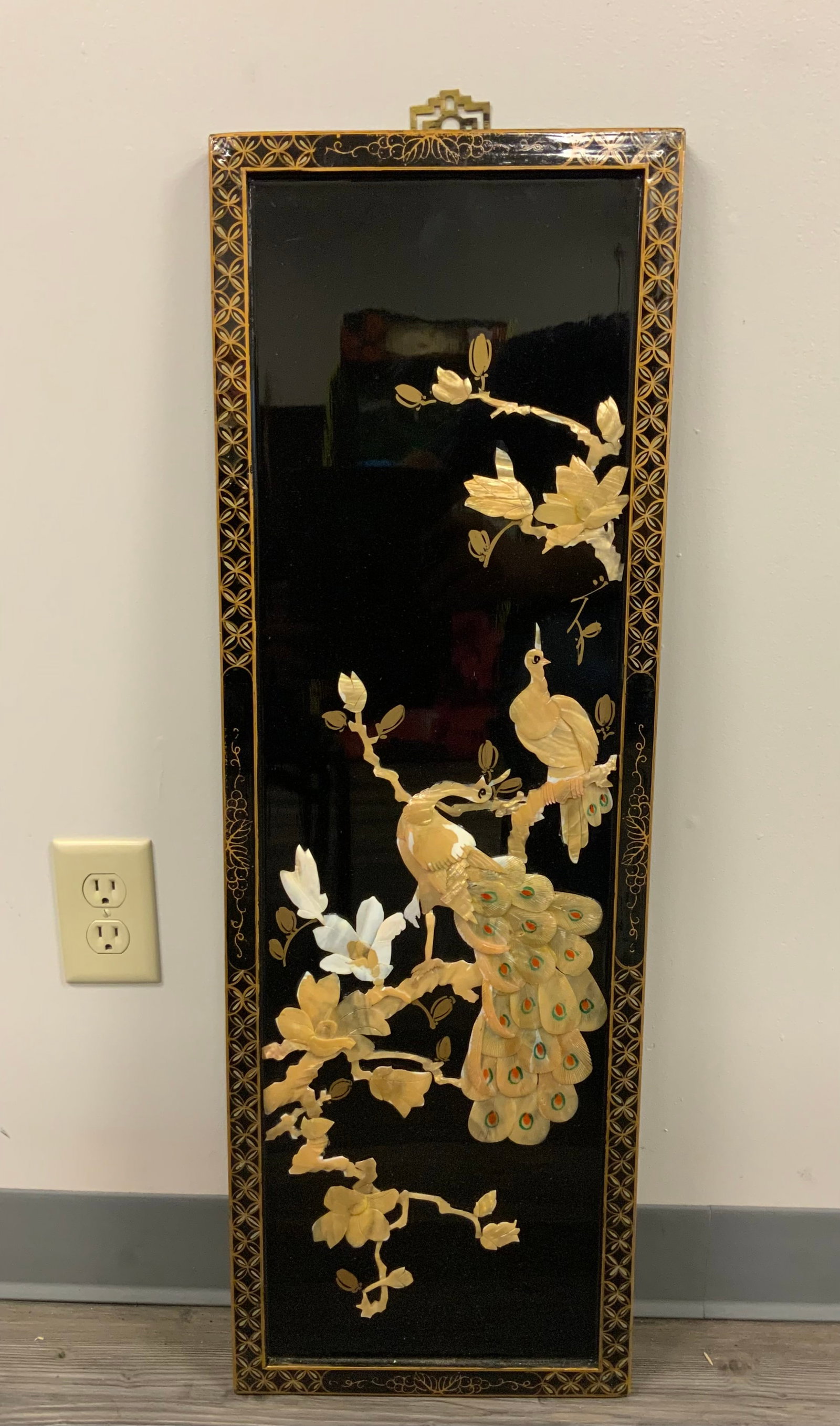 Vtg Asian Black Lacquer Wall Panel Shells and Mother-of-pearl: GET A SHIPPING QUOTE BEFORE YOU BID. .Vtg Asian Black Lacquer Wall Panel Shells and Mother-of-pearl. 12" x 37". ..>>>>>>>>>>>>>>READ----READ----READ----Shipping for this lot is available ONLY THROUGH 