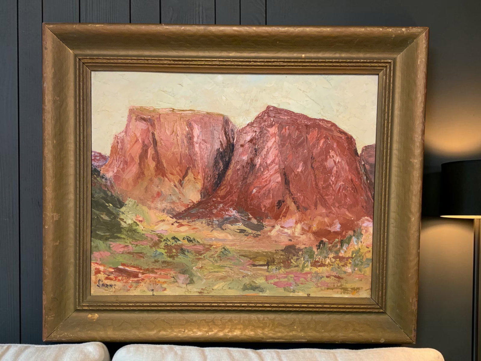 Framed Impressionist Impasto Oil Paint on Canvas RED ROCK FORMATIONS Signed: GET A SHIPPING QUOTE BEFORE YOU BID. .Framed Impressionist Impasto Oil Paint on Canvas RED ROCK FORMATIONS Signed. Possibly a Southwestern scene. And again...don't miss the quality vintage frame! 26" 