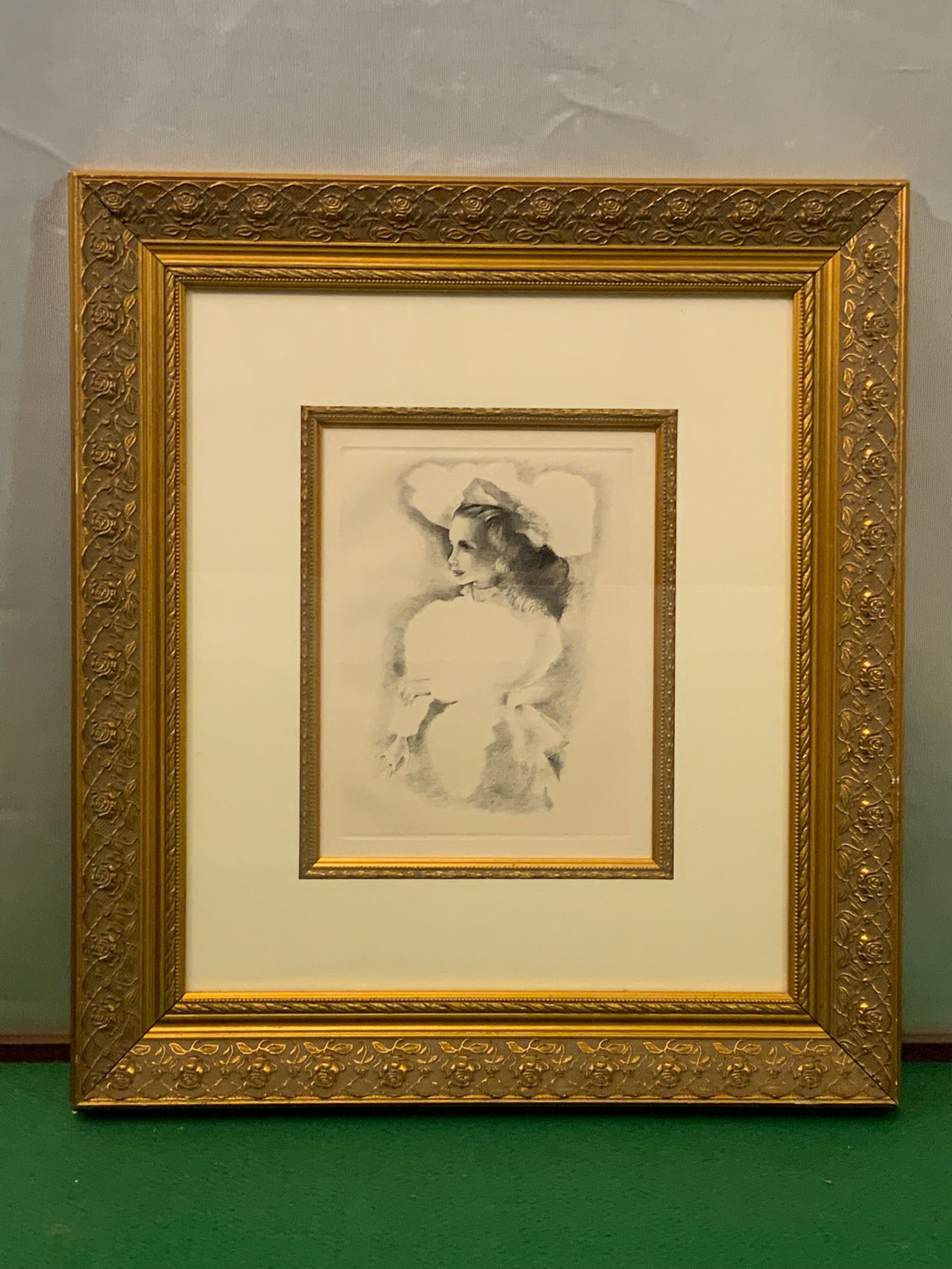 Framed Monochrome Portrait Print Lady / Wide-brimmed Hat / Frilly Collar (1 of 3)