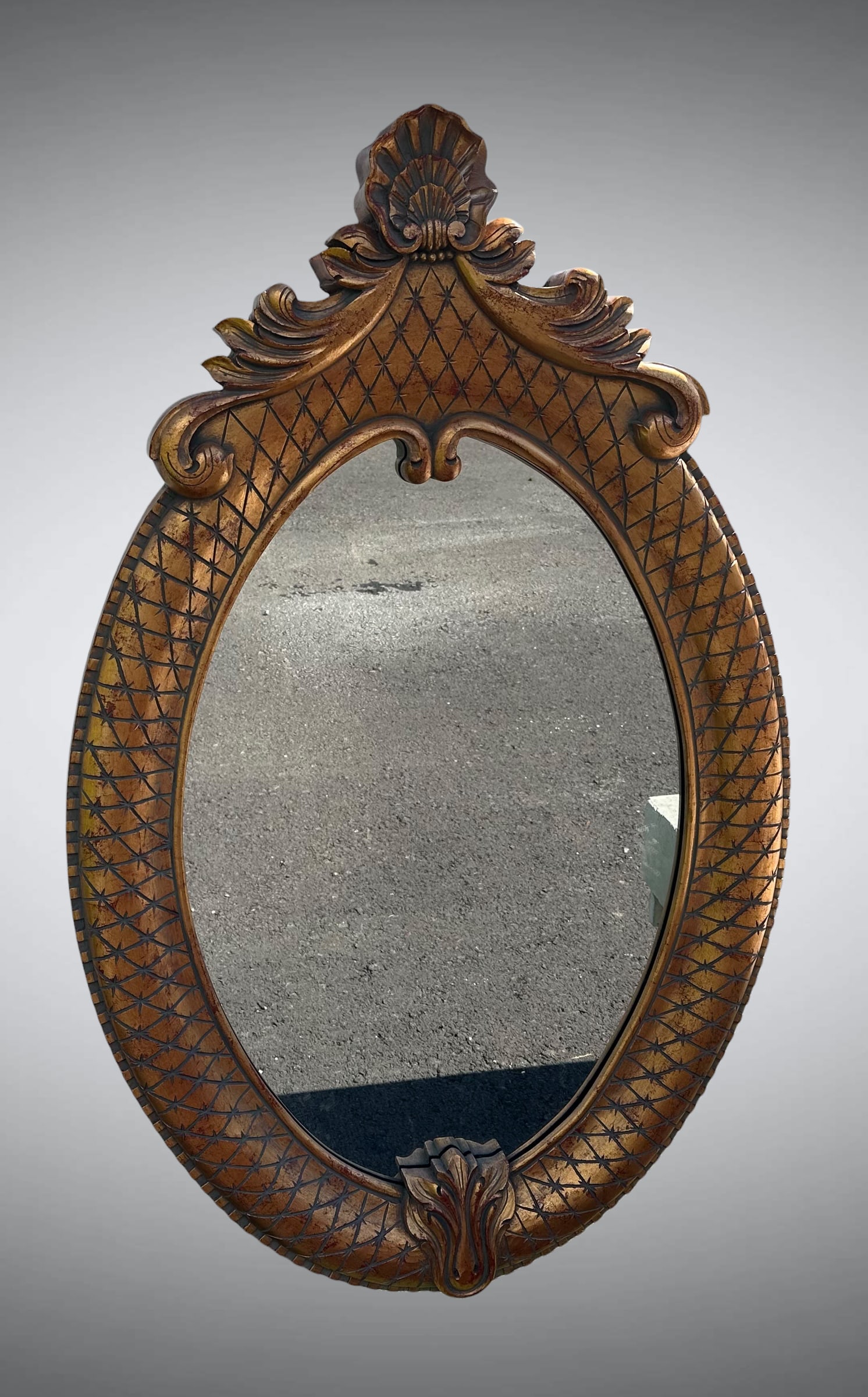 Large Oval Diamond Lattice 'Pineapple' WALL MIRROR Gold Finish: GET A SHIPPING QUOTE BEFORE YOU BID. Large Oval Diamond Lattice 'Pineapple' WALL MIRROR Gold Finish. 33" x 53” ..>>>>>>>>>>>>>>READ----READ----READ----Shipping for this lot is available ONLY THR