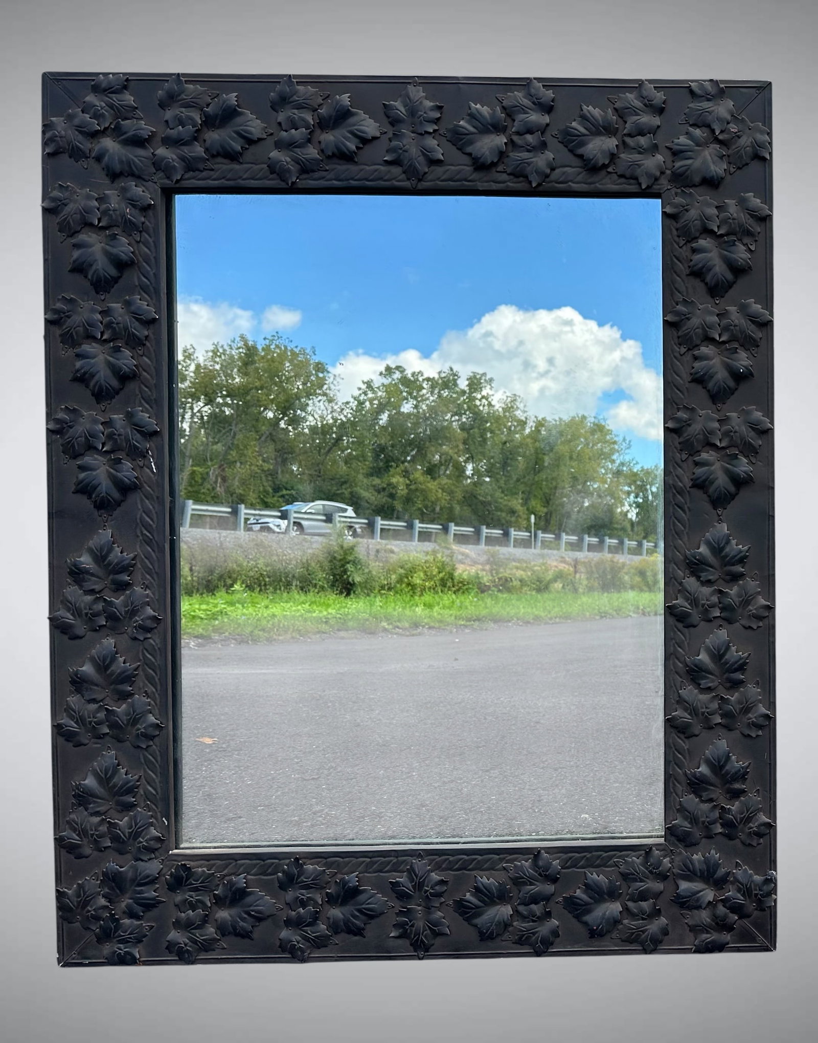 WALL MIRROR Metal-Clad Frame Raised Leafy Decor: GET A SHIPPING QUOTE BEFORE YOU BID. WALL MIRROR / Metal-Clad Frame / Raised Leafy Decor. 32" x 39” ..>>>>>>>>>>>>>>READ----READ----READ----Shipping for this lot is available ONLY THROUGH LIVEAU