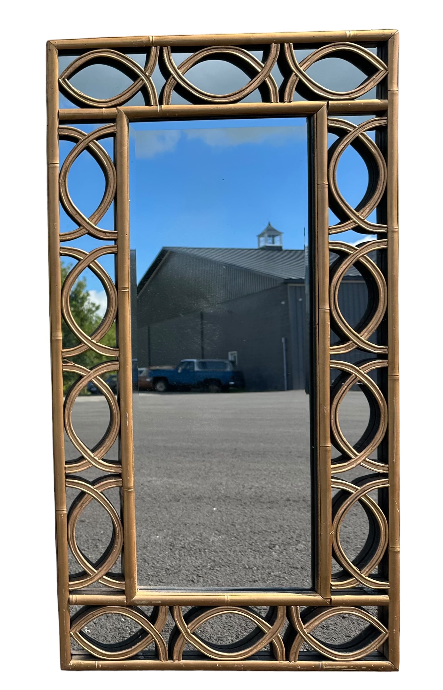 MCM Bamboo-effect WALL MIRROR: GET A SHIPPING QUOTE BEFORE YOU BID. MCM Bamboo-effect WALL MIRROR. 28" x 52 1/2". ..>>>>>>>>>>>>>>READ----READ----READ----Shipping for this lot is available ONLY THROUGH LIVEAUCTIONEERS/LIVESHIPPING.