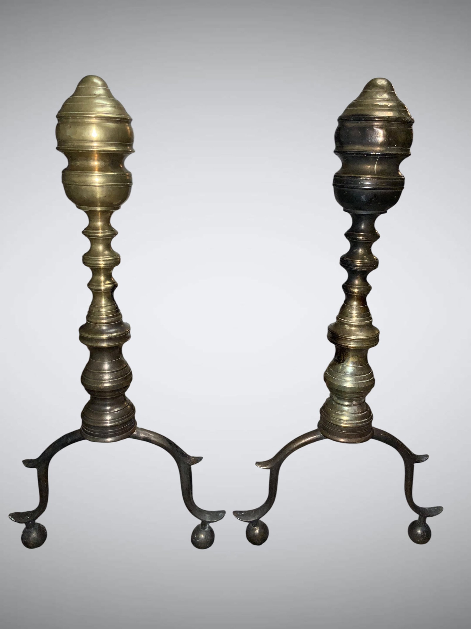 Vintage Brass and Iron Andirons / Baluster Tops and Arched Legs: GET A SHIPPING QUOTE BEFORE YOU BID .Vintage Brass and Iron Andirons / Baluster Tops and Arched Legs. 8 1/2" wide(each) x 17"tall x 15"front-to-back.". .>>>>>>>>>>>>>>READ----READ----READ----Shipping 