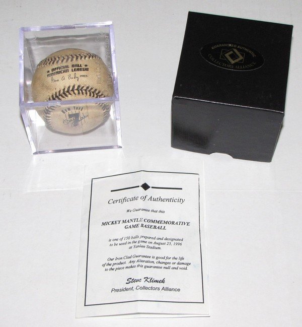 8/25/1996 Mickey Mantle Day Game Used Ball w/COA: Mickey Manlte Day game used ball by Collector's Alliance. One of 150 Rawlings American League balls prepared and designated to be used in the game on 8/25/1996 at Yankee Stadium (6-4 Loss against the 