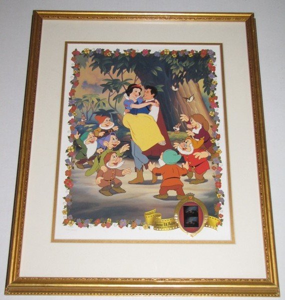 Ltd Disney Snow White Film Cell Lithograph #rd: Limited Disney Snow White Film Cell Lithograph Numbered - Frame measures 17 3/4" x 21 3/4" print measures about 20" x 16". Numbered 103/2500 Contains 2 film frames in an embossed window of the prince 
