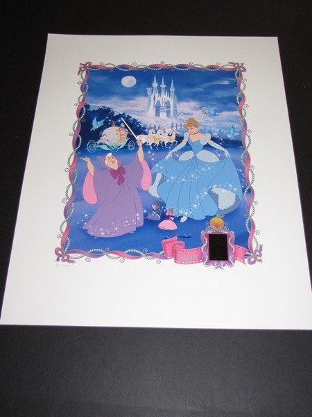 Ltd Disney Cinderella Film Cell Lithograph #rd: Limited Disney Cinderella Film Cell Lithograph Numbered - Print measures 20" x 16". Numbered 822/2500 Contains 2 film frames in an embossed window of the Fairy God Mother