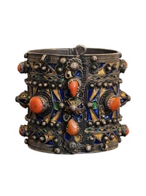 Handcrafted in North Africa, Kabyle Silver Cuff Bracelet With Cobalt Blue Enamel and Natural Coral