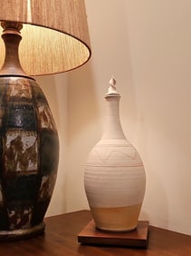 White Handcrafted Ceramic Vessel with Stopper, Signed On The Bottom 15"Tall