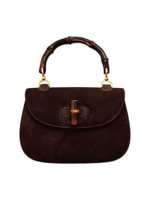 Gucci Bamboo 1947 Top Handle Bag Suede Leather Medium Dark Chocolate Brown With Turnlock, W/Wallet