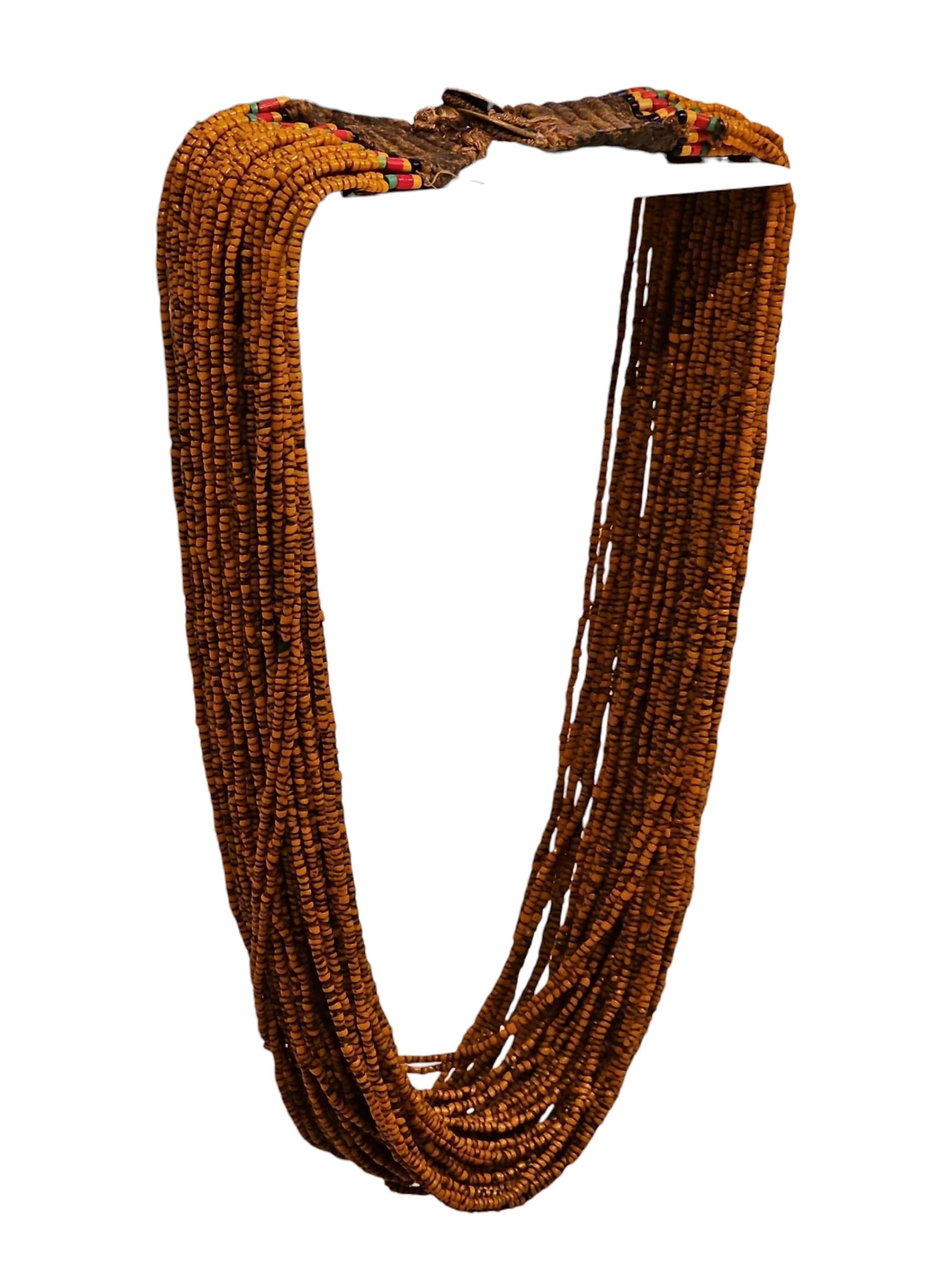 Antique Naga Necklace Of Amber Beads: A striking example of tribal adornment from Northeast India and Northwest Myanmar, this antique necklace features richly hued amber beads, ranging from golden-yellow to deep reddish orange. Among the