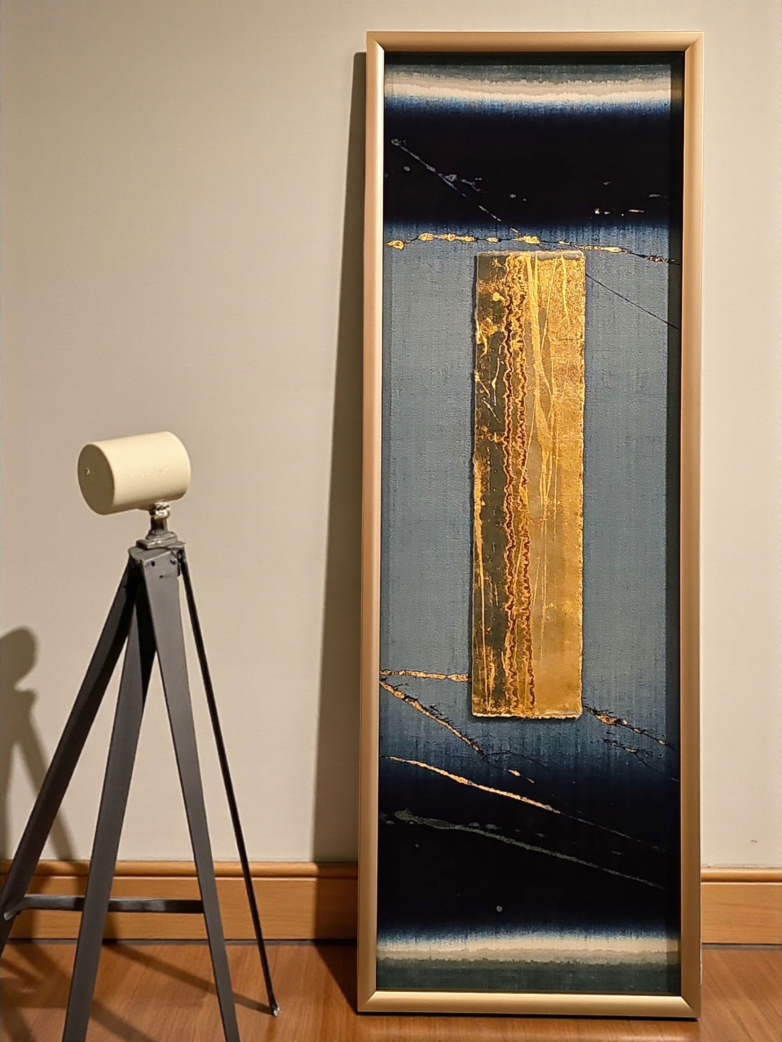 Shihoko Fukumoto “Kiyoi-Nagare” Textile Art Crafted from Japanese Paper and Paper Fabric: “Kiyoi-Nagare” Textile Art by Shihoko Fukumoto. Crafted from Japanese Paper and Paper Fabric This Piece is Dyed in Deep Indigo a Signature of Fukumoto’s Practice Delicately Accented with Gol