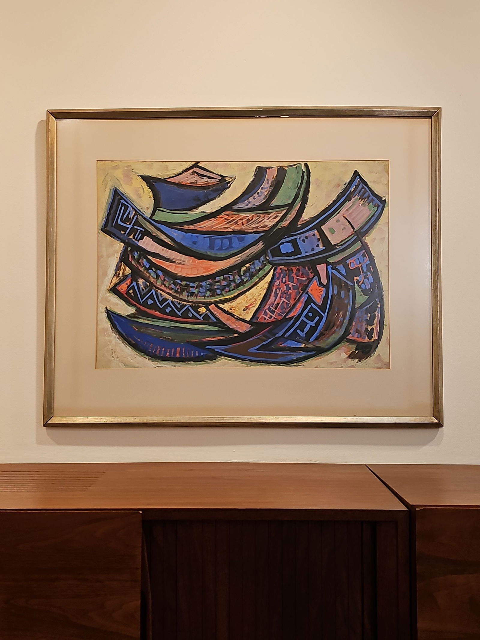 Artist Signed and Dated Contemporary Abstract Painting with Geometric Patterning Framed W/Wide Matte (1 of 5)