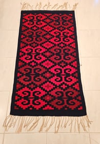 Hand Woven Vintage Zapotec Sheep Wool Rug In Red And Black57"L X 31"W