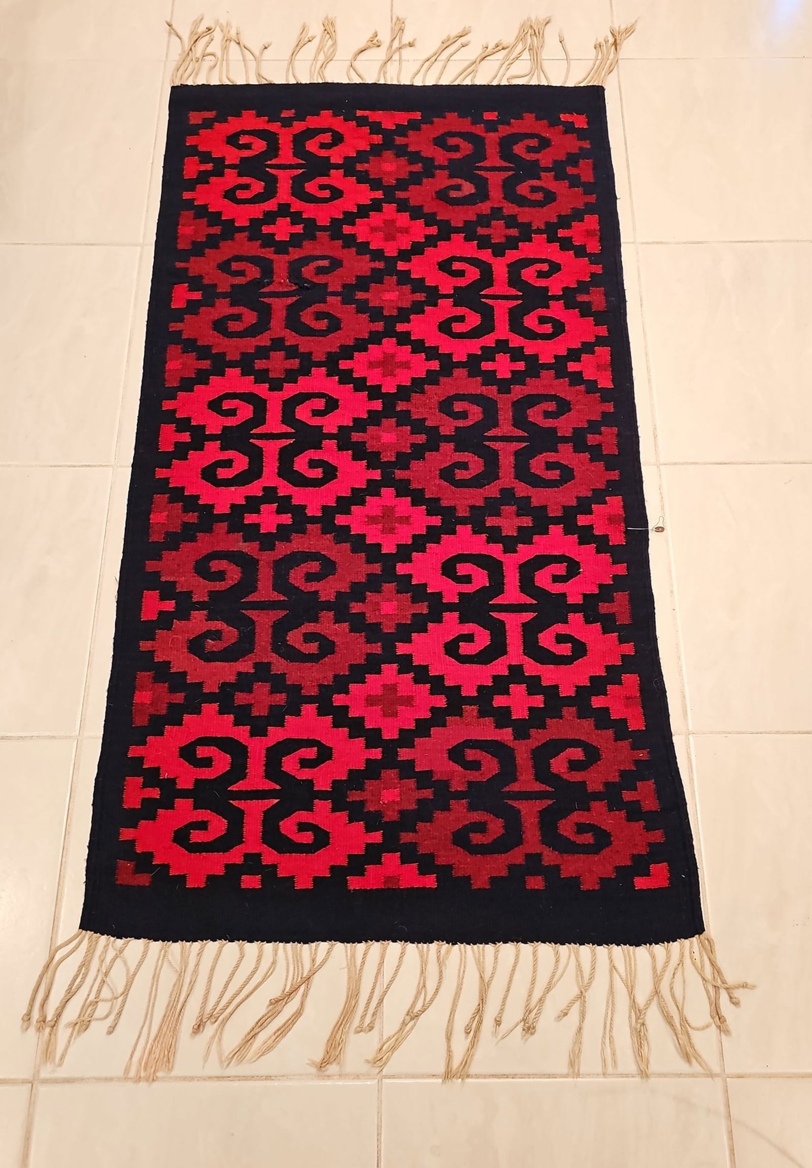 Hand Woven Vintage Zapotec Sheep Wool Rug In Red And Black57"L X 31"W (1 of 7)