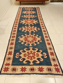 Fine Hand Knotted Wool Geometric Kazak Runner 135"L X 44"W
