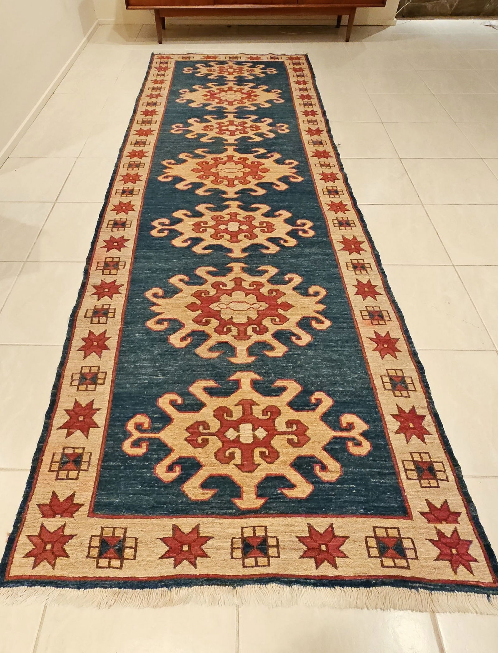Fine Hand Knotted Wool Geometric Kazak Runner 135"L X 44"W (1 of 13)