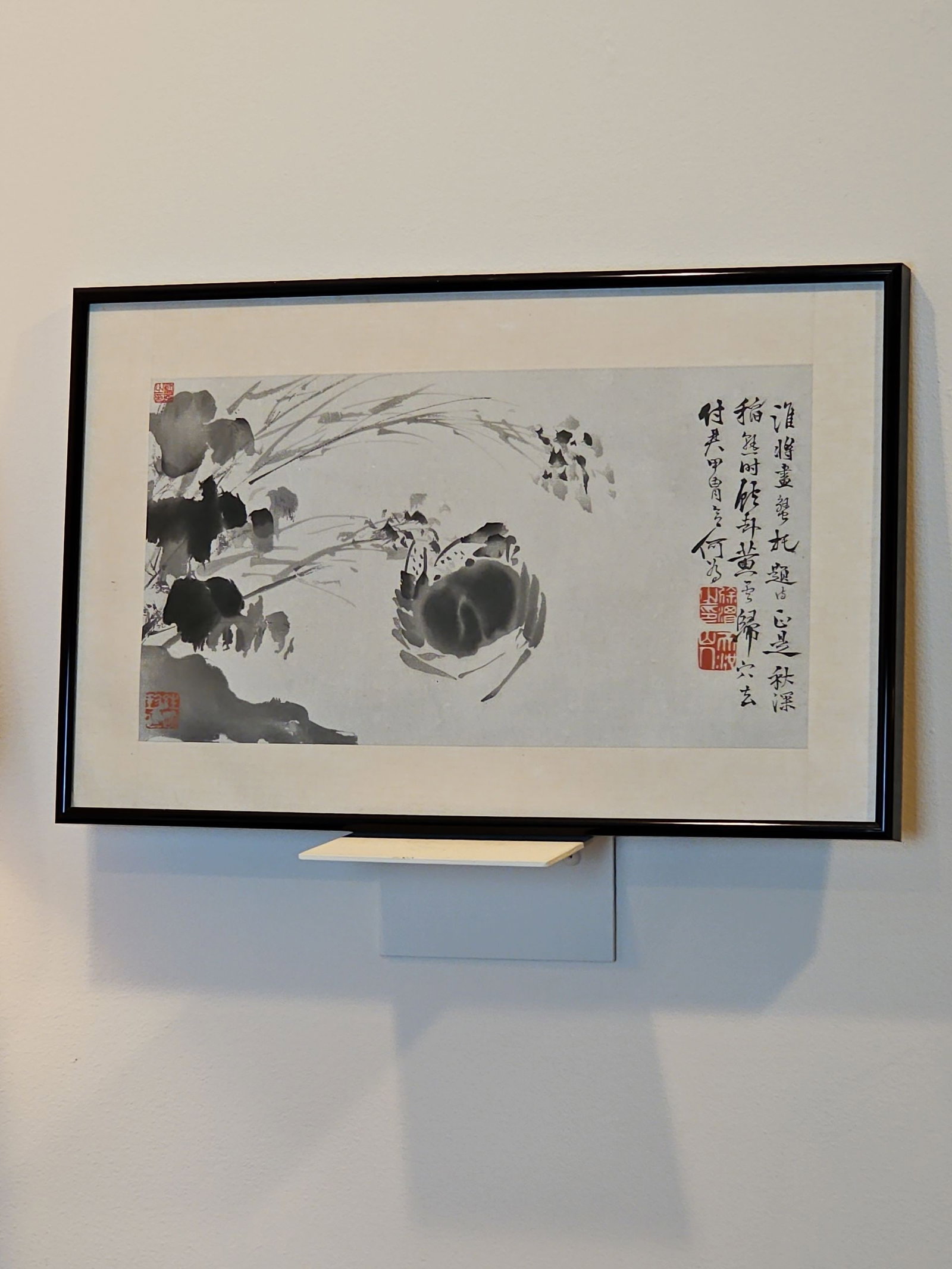 Chinese Woodblock Art Print Attributed to Shanghai Painter Wu YuMei ( B.1940): Chinese ink Art Print of a crab and lotus leaves. Wu YuMei is known for her traditional Chinese paintings, particularly floral and bird motifs rendered in ink and color on paper. Her work has been fea