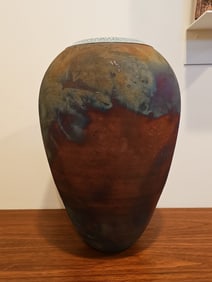 Leslie Mitchell Raku Vase 4"H X 10"D