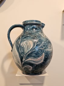 Vintage Hand Made And Painted Blue Ceramic Pitcher