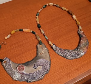 Vintage Raku - Fired Ceramic And Multicolor Stones Pendant Necklaces