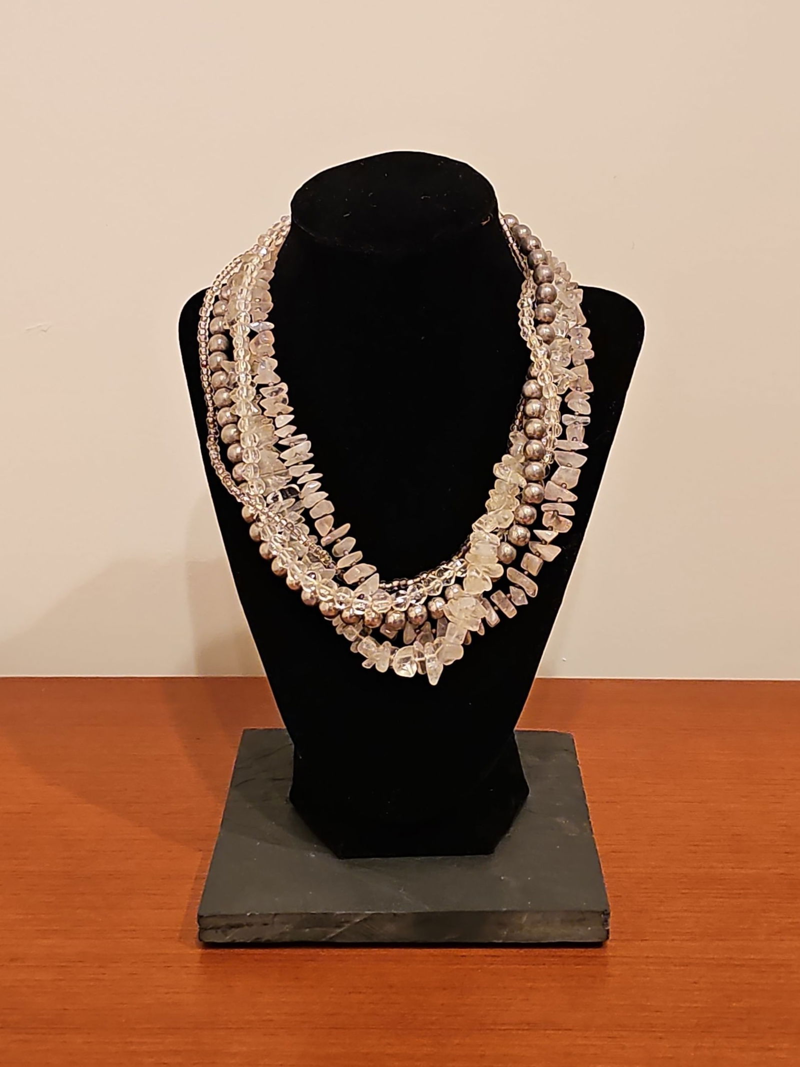 Vintage Multi-Strand Beaded Necklace With Clear Quartz, Crystal And Mate Metal Beads 18" (1 of 6)
