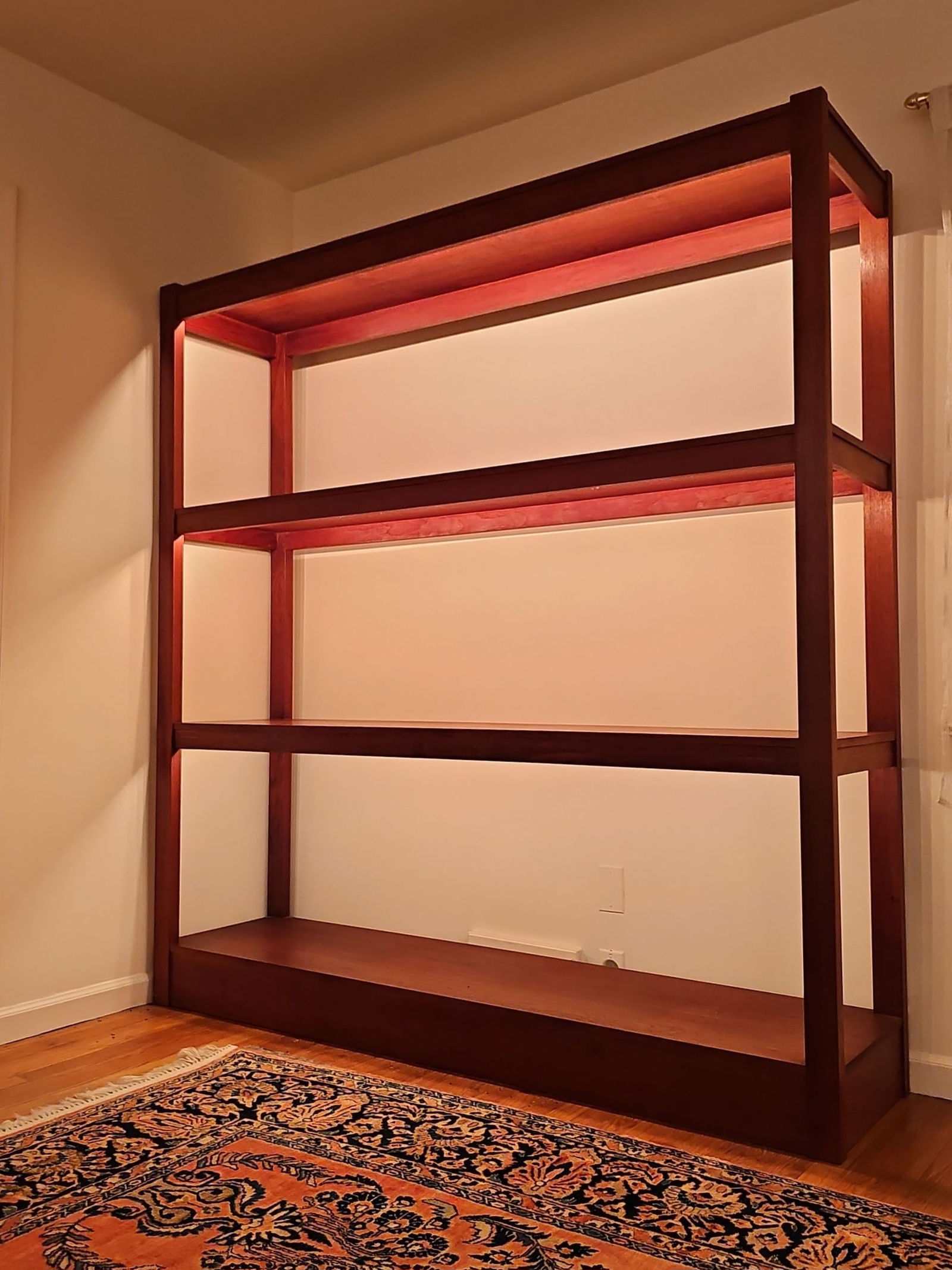 Large Mid-Century Modern Teak Wood Three Tier Freestanding Shelving Unit With Lights  78"H X 74"W X (1 of 4)