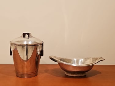 Ice Bucket - E.L. De Uberti -Italy And Rattan Base Bowl Dish Silver Plate 1847 Rogers Bros