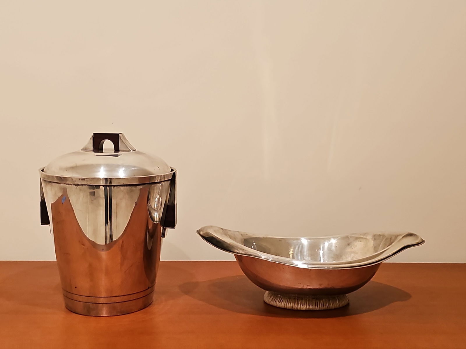 Ice Bucket - E.L. De Uberti -Italy And Rattan Base Bowl Dish Silver Plate 1847 Rogers Bros (1 of 12)