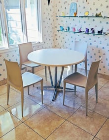 Mid Century Modern Chrome Base and Formica Top White Dining Table With Four Bellini Chairs