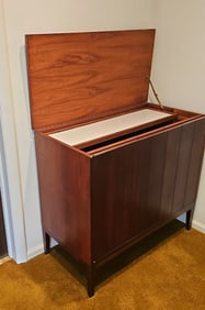 Mid Century Bar Cabinet With Accordion Doors And Hinged Top